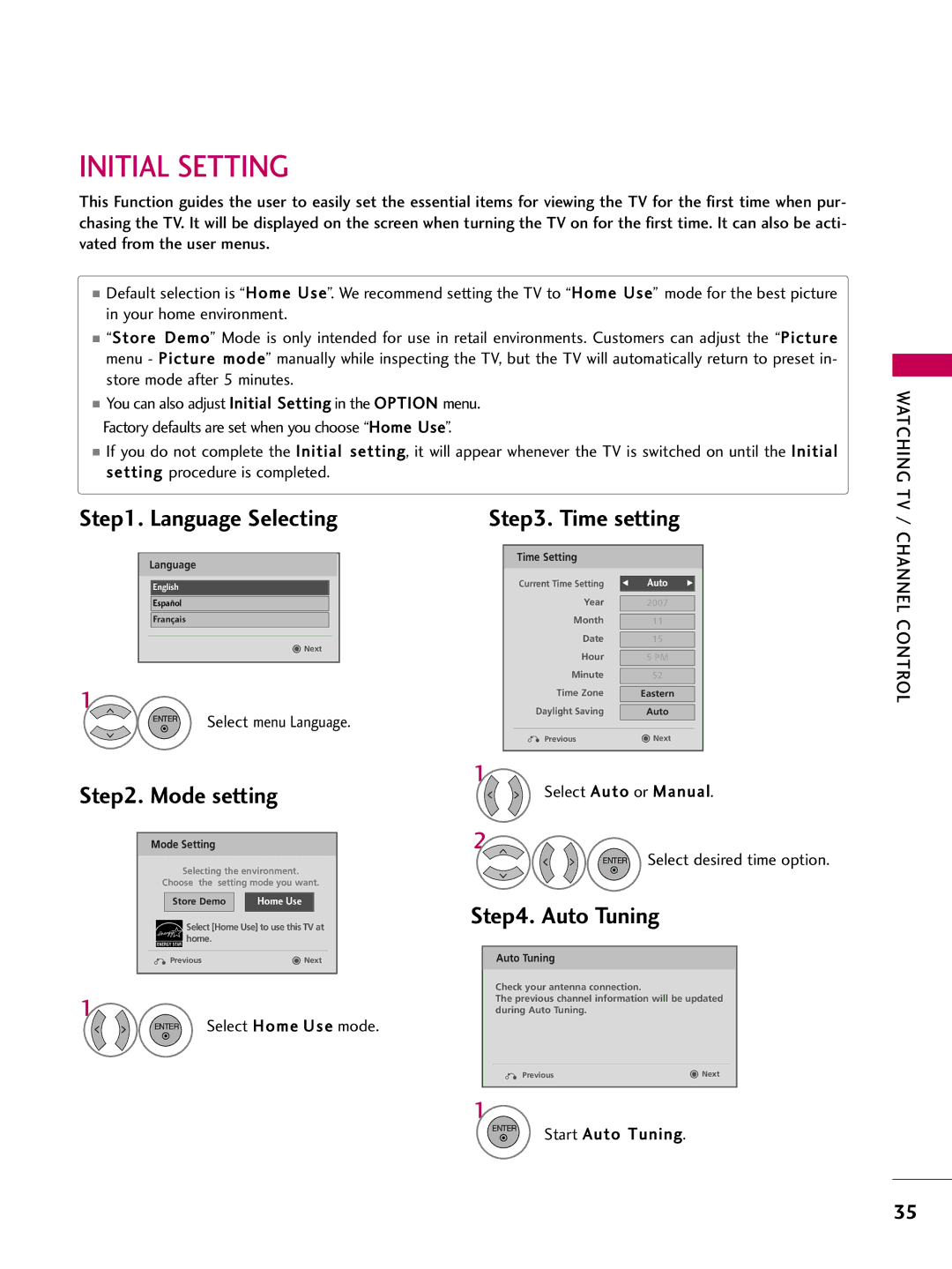 LG Electronics 50PQ12, 42PQ12 owner manual Initial Setting, Language Selecting, Mode setting, Auto Tuning 