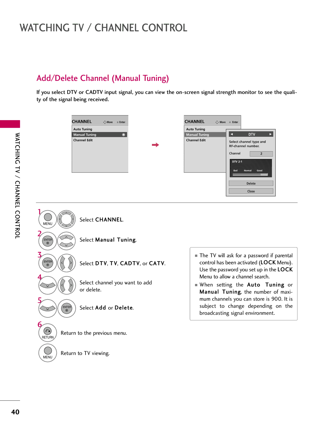 LG Electronics 42PQ12, 50PQ12 owner manual Add/Delete Channel Manual Tuning, Select Add or Delete 