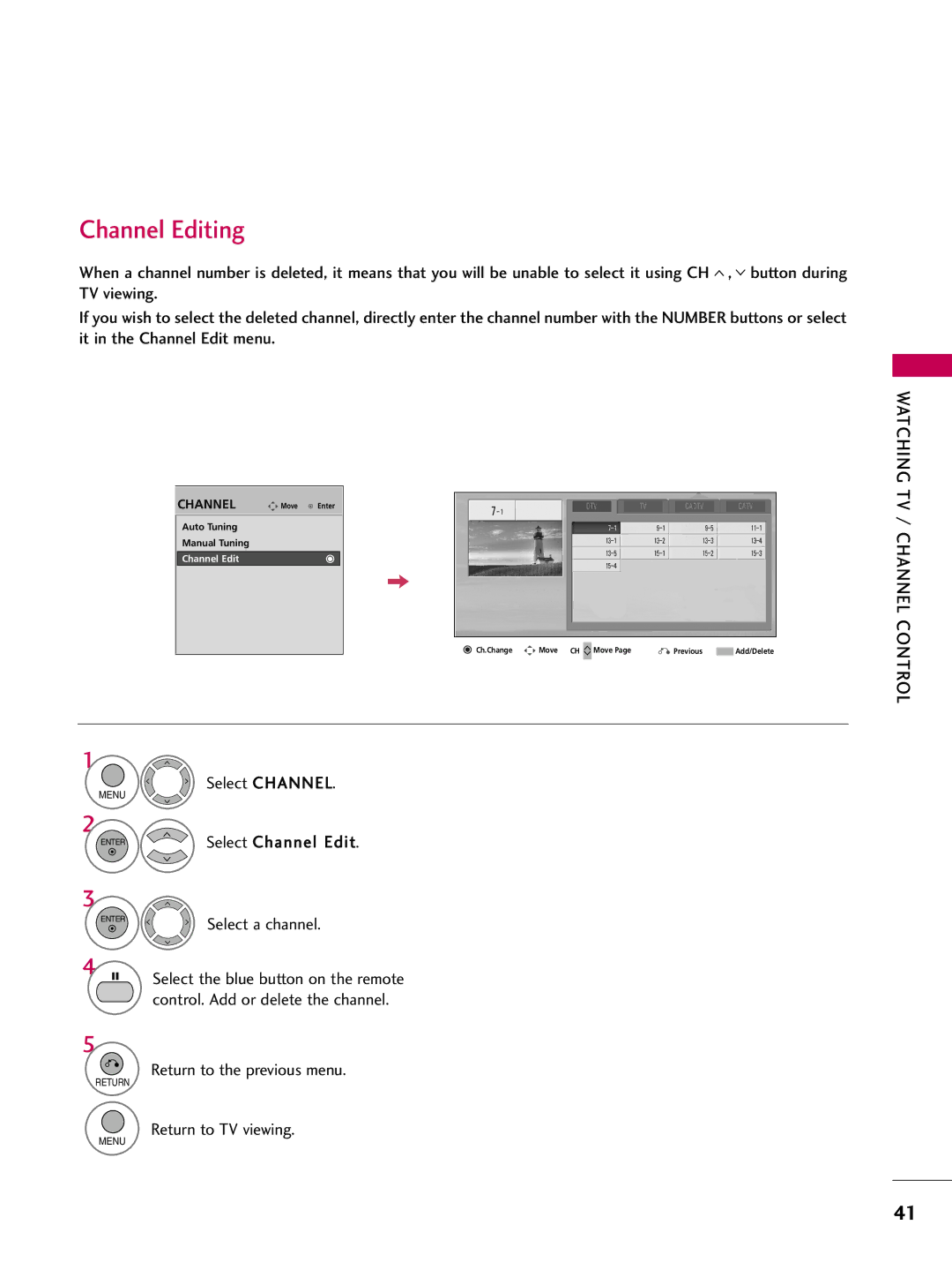 LG Electronics 50PQ12, 42PQ12 owner manual Channel Editing, Select Channel Select Channel Edit Select a channel 