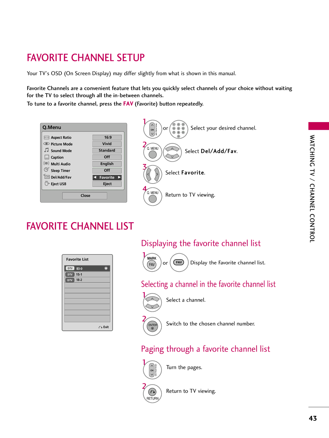 LG Electronics 50PQ12, 42PQ12 Favorite Channel Setup, Favorite Channel List, Displaying the favorite channel list 