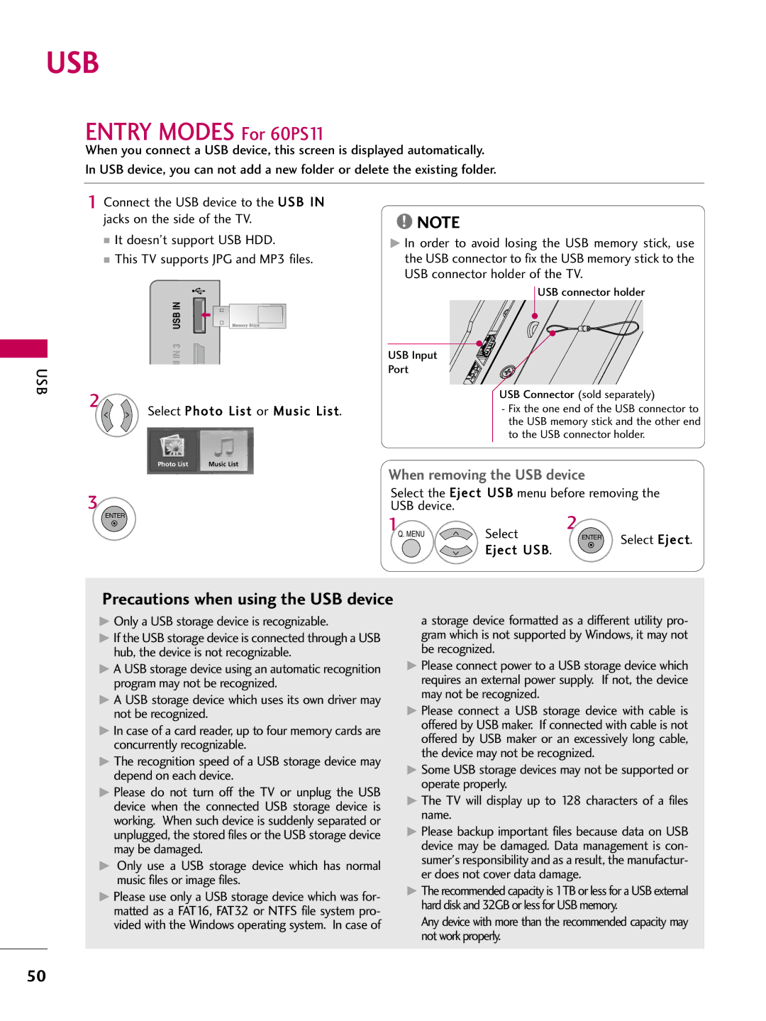 LG Electronics 42PQ12, 50PQ12 owner manual Usb, Select the Eject USB menu before removing the USB device 