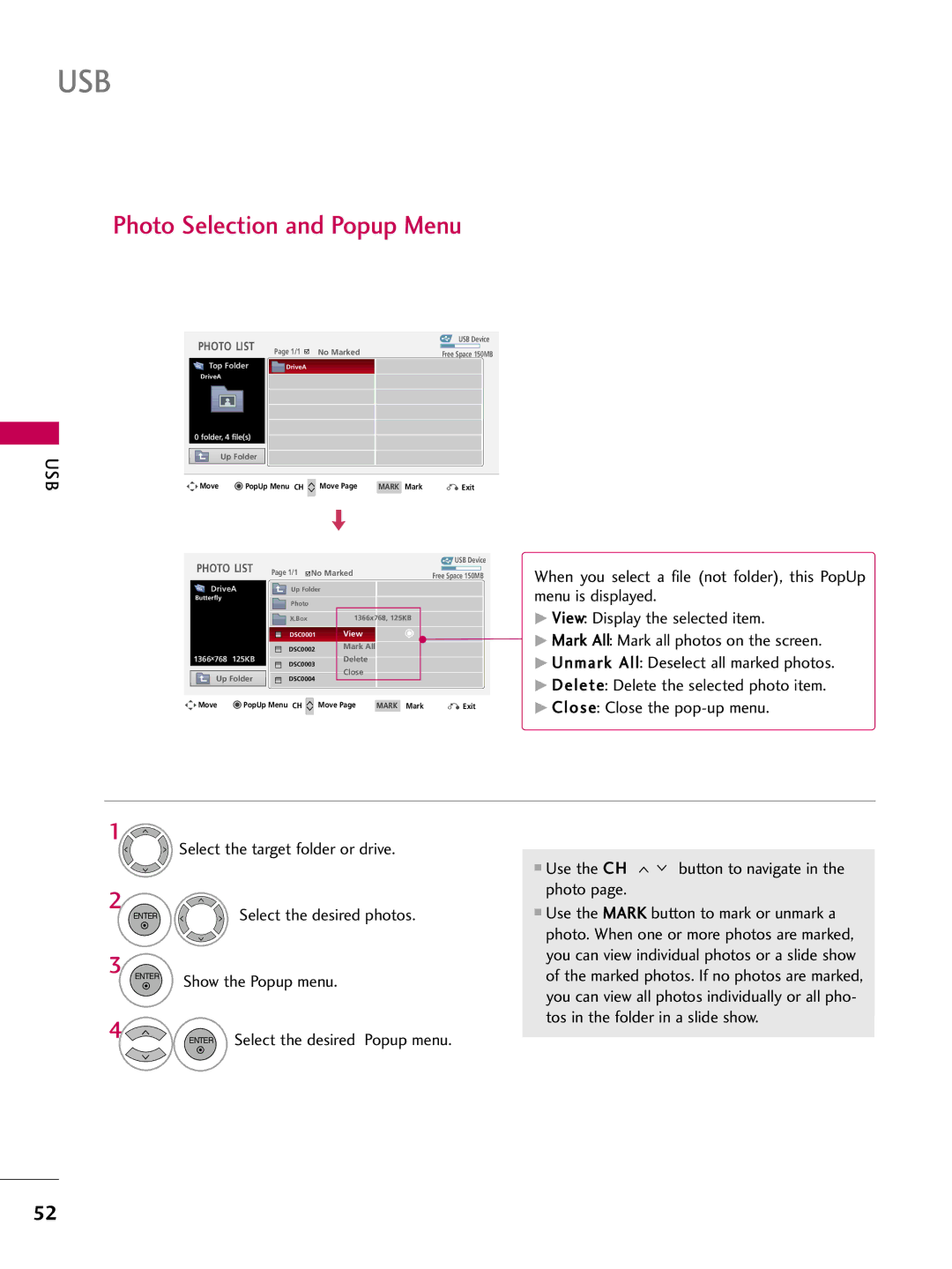 LG Electronics 42PQ12 Photo Selection and Popup Menu, Show the Popup menu, Use the CH button to navigate in the photo 