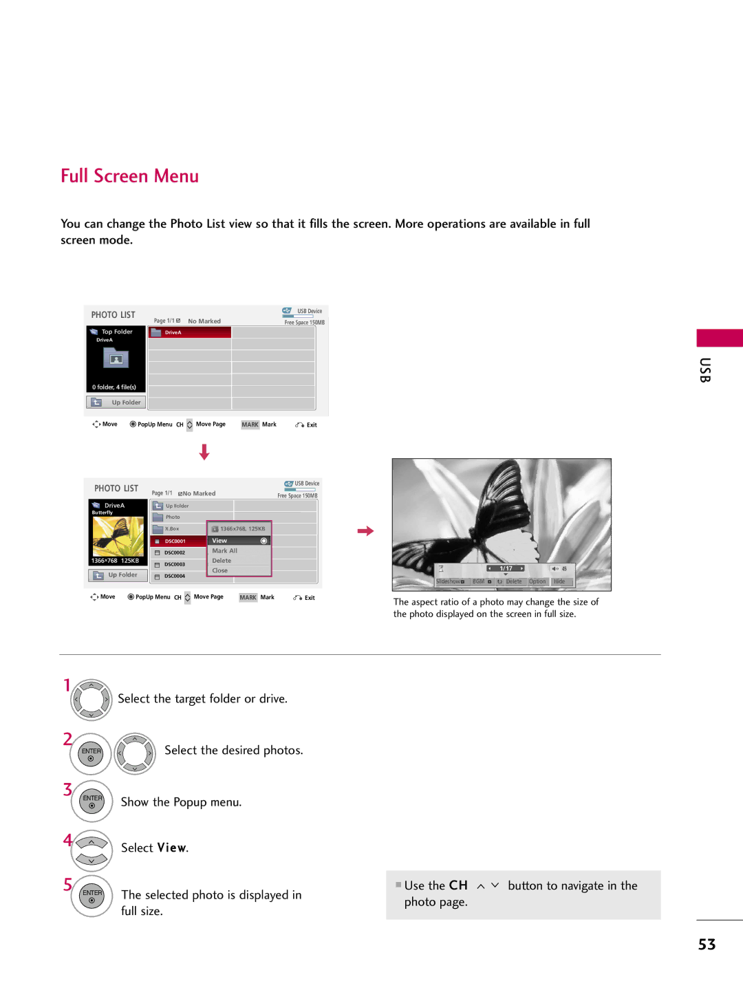 LG Electronics 50PQ12, 42PQ12 owner manual Full Screen Menu 