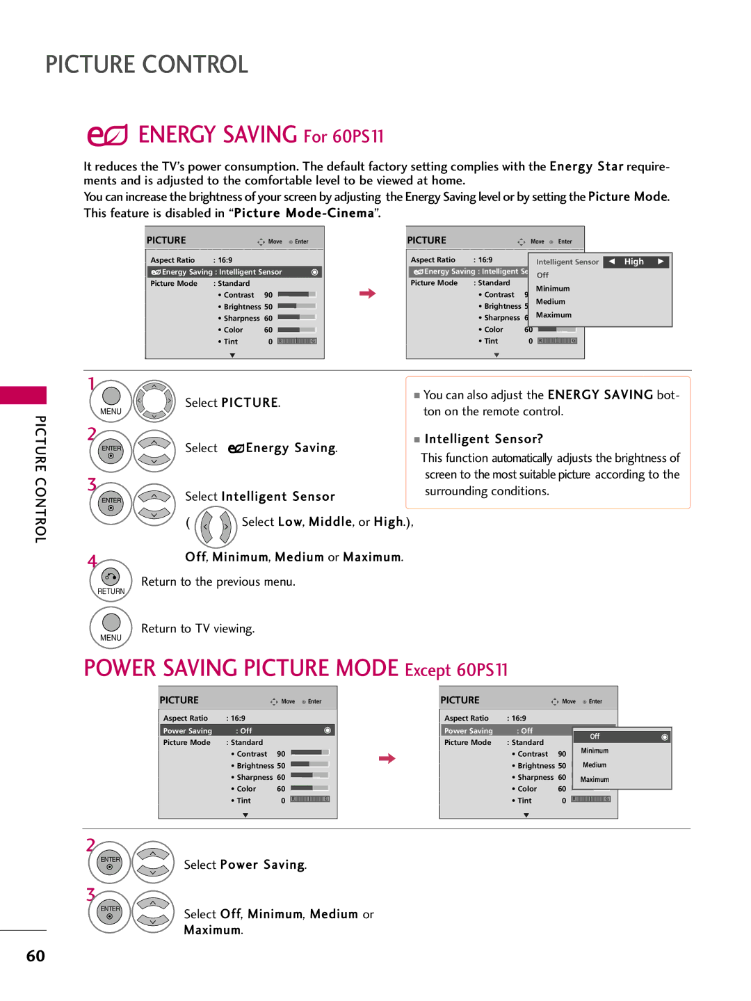 LG Electronics 42PQ12, 50PQ12 owner manual Select Off, Minimum, Medium or, Maximum 