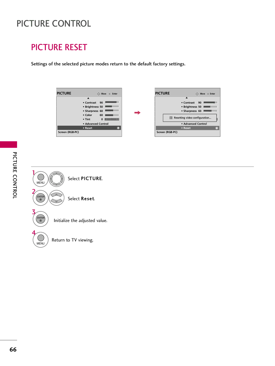 LG Electronics 42PQ12, 50PQ12 owner manual Picture Reset, Initialize the adjusted value Return to TV viewing 