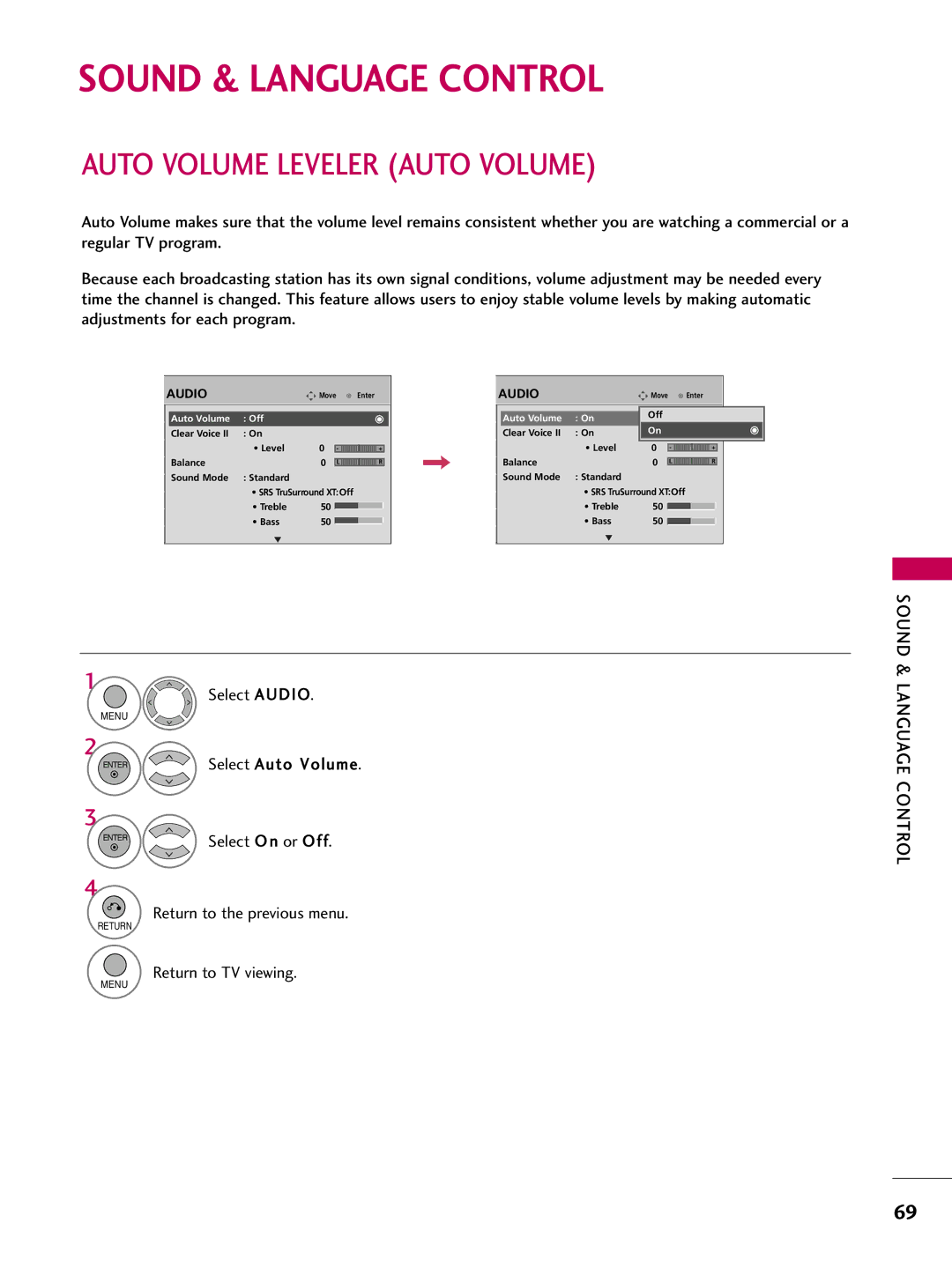 LG Electronics 50PQ12, 42PQ12 owner manual Sound & Language Control, Auto Volume Leveler Auto Volume 