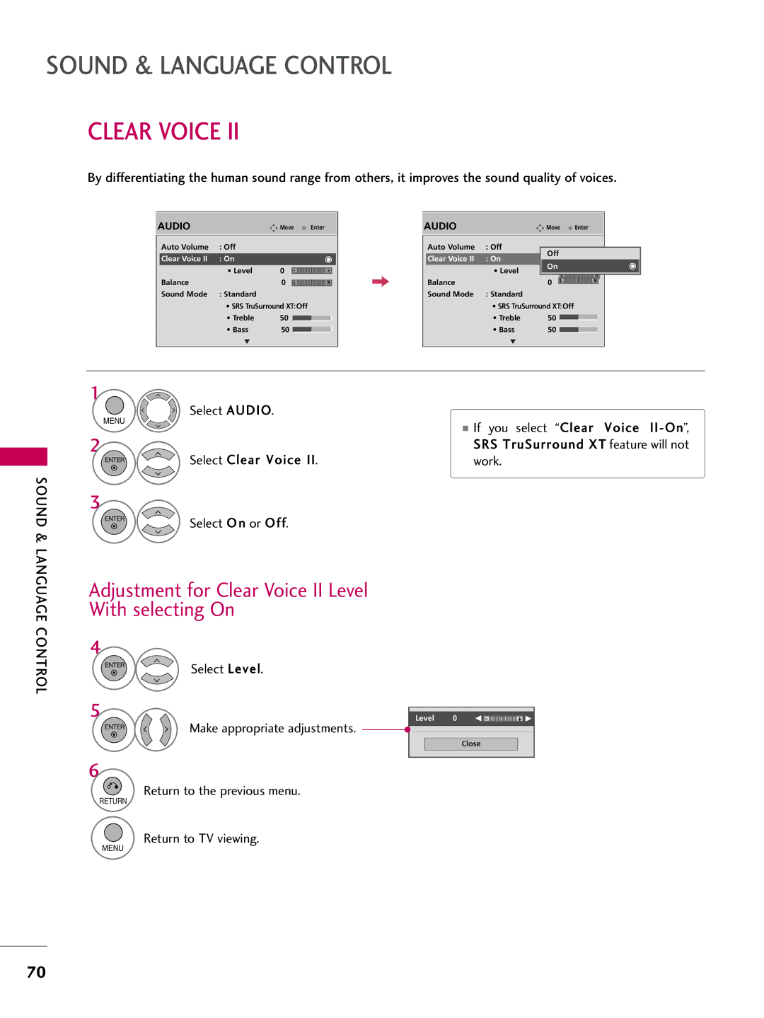 LG Electronics 42PQ12, 50PQ12 owner manual Adjustment for Clear Voice II Level With selecting On 