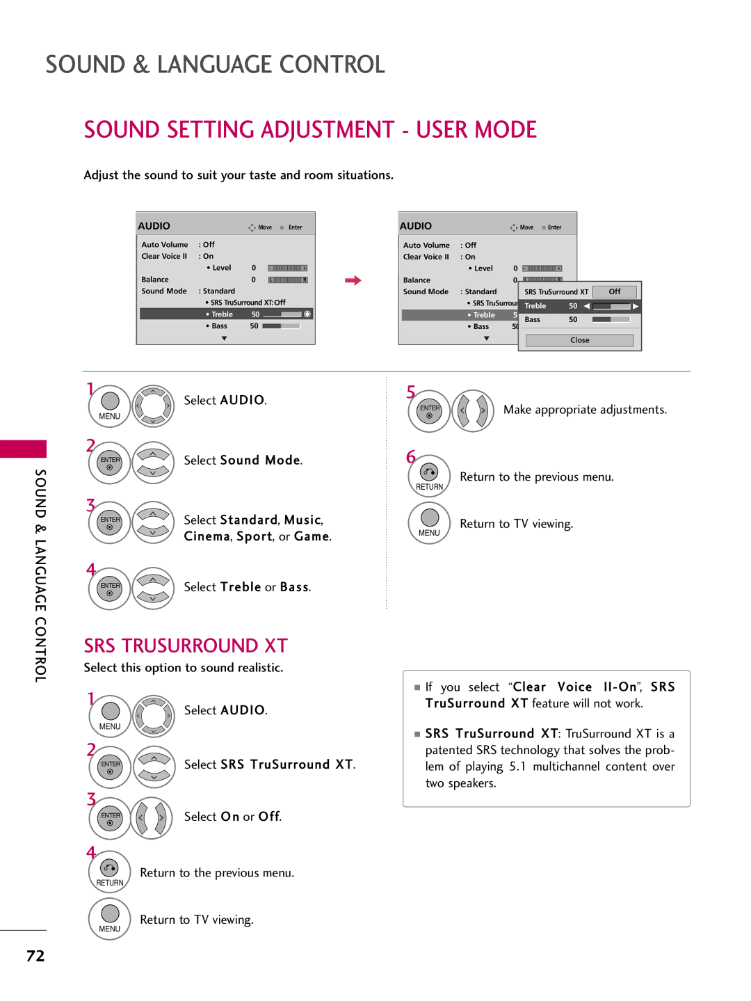 LG Electronics 42PQ12, 50PQ12 owner manual Sound Setting Adjustment User Mode, Sound & Language 