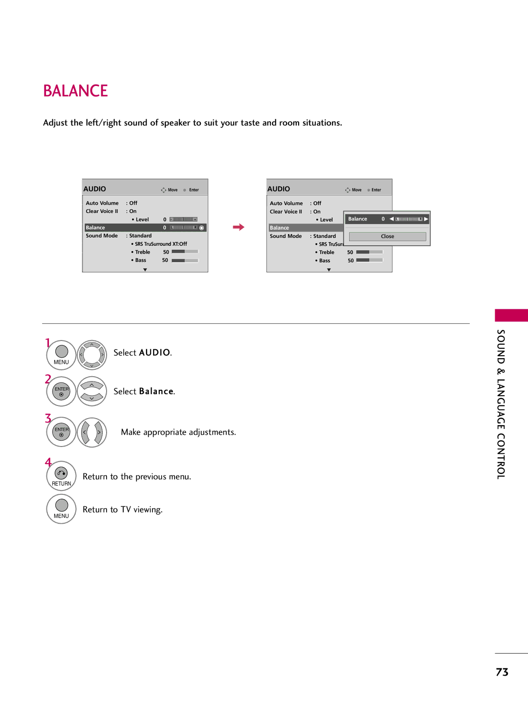 LG Electronics 50PQ12, 42PQ12 owner manual Balance, Sound & Language Control 