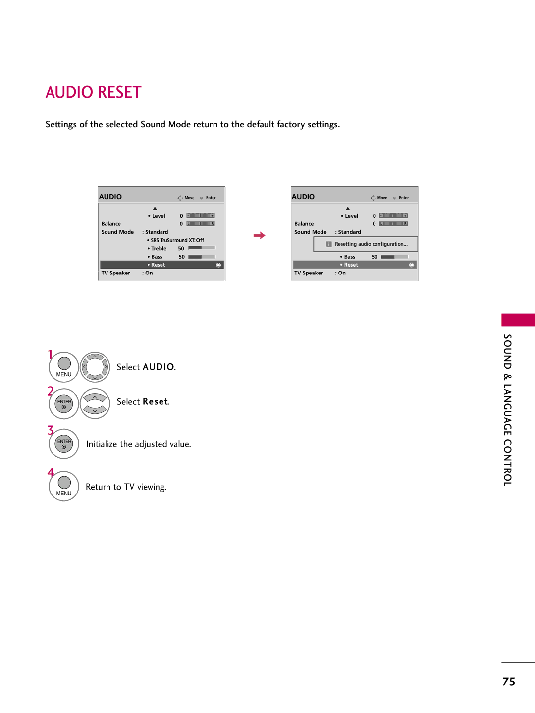 LG Electronics 50PQ12, 42PQ12 owner manual Audio Reset, Select Audio 