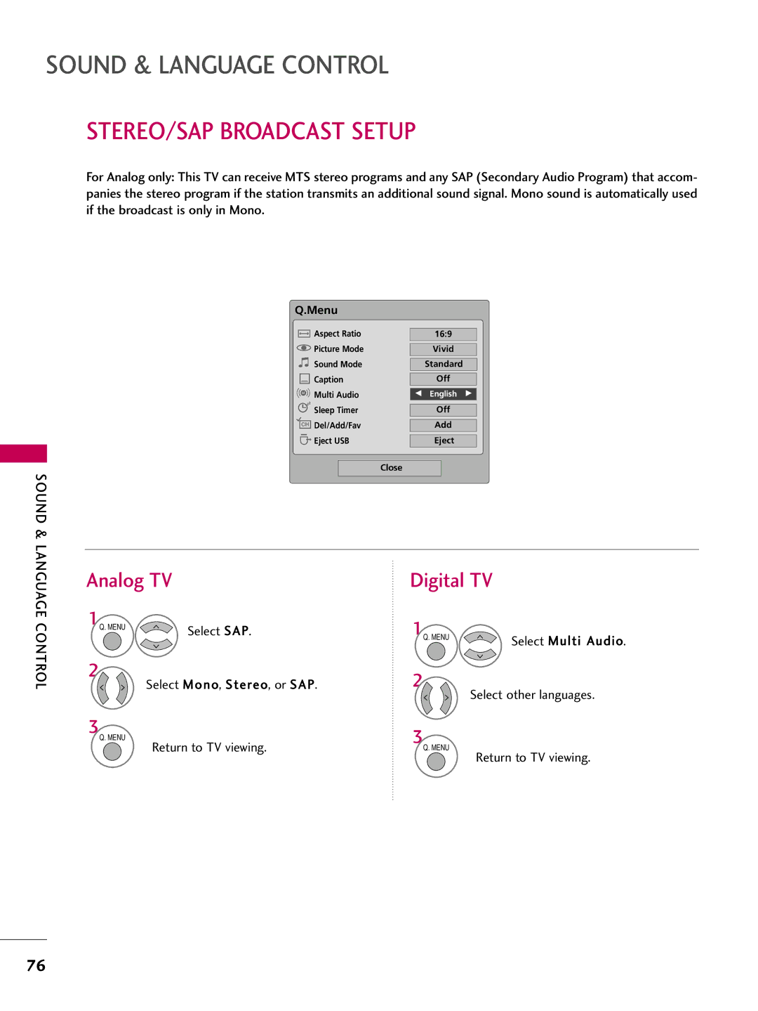 LG Electronics 42PQ12, 50PQ12 owner manual STEREO/SAP Broadcast Setup, Analog TV, Digital TV 