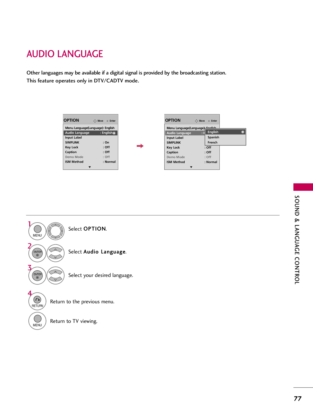 LG Electronics 50PQ12, 42PQ12 owner manual Audio Language 