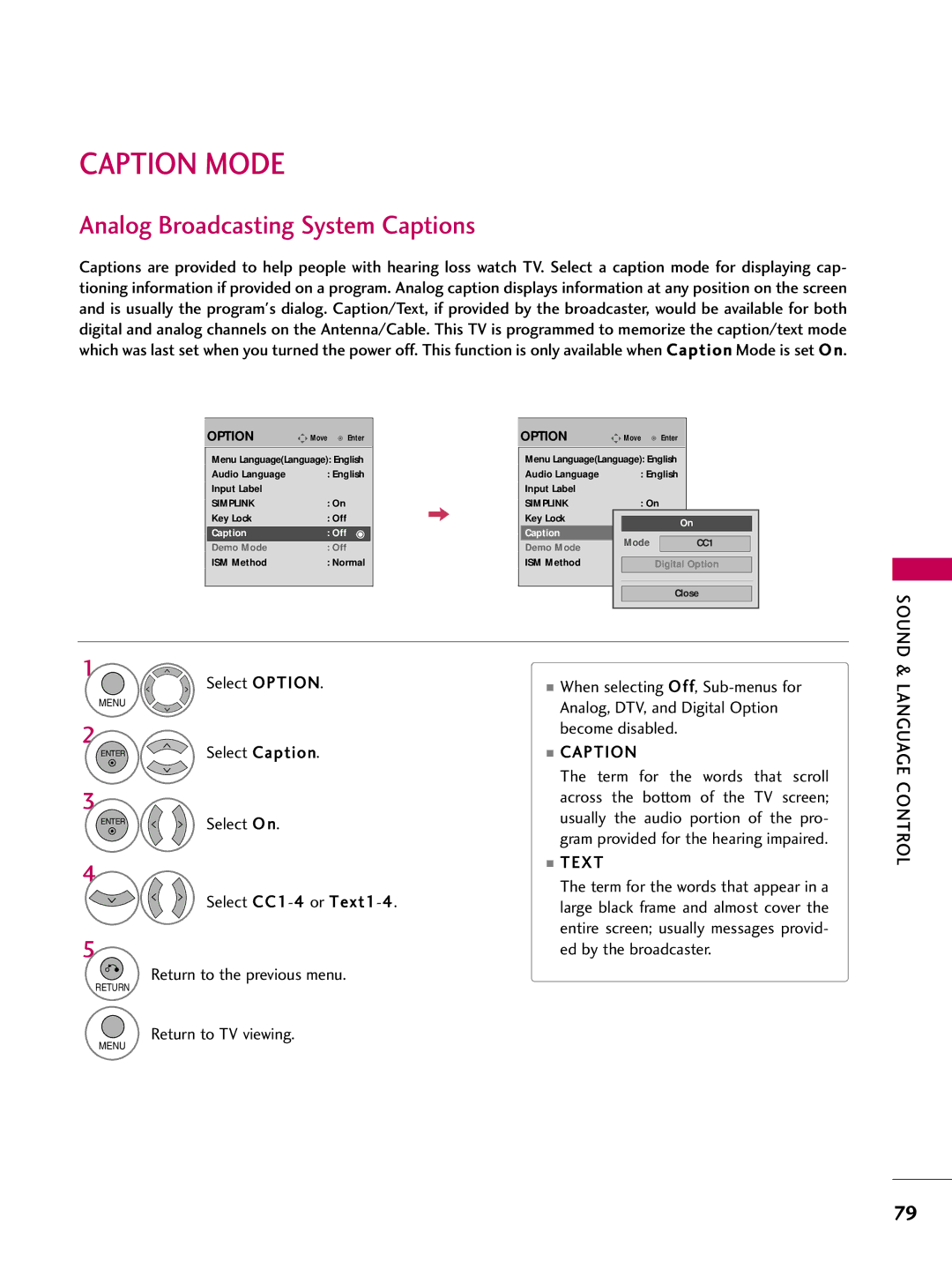 LG Electronics 50PQ12, 42PQ12 owner manual Caption Mode, Analog Broadcasting System Captions, Text, Language Control 