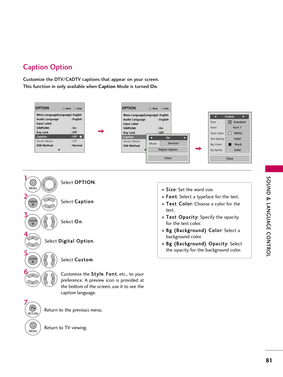 LG Electronics 50PQ12, 42PQ12 owner manual Caption Option 