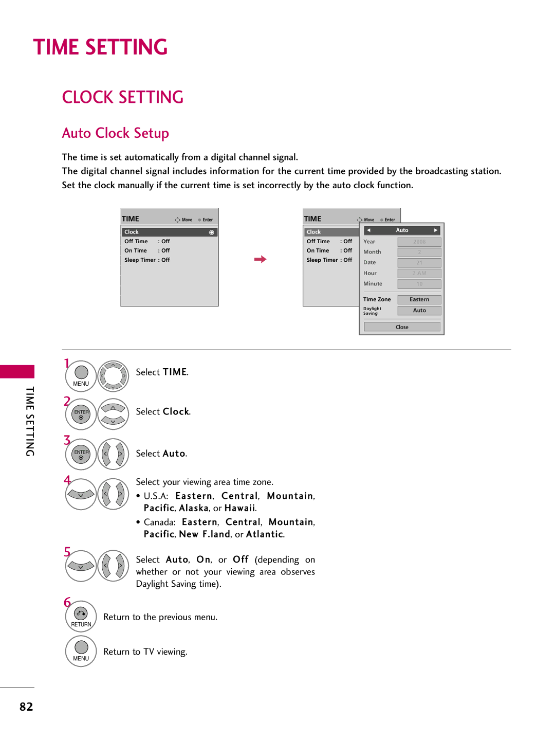 LG Electronics 42PQ12, 50PQ12 owner manual Time Setting, Clock Setting, Auto Clock Setup 