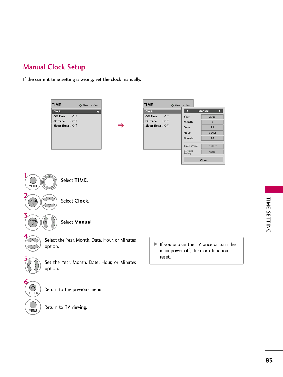 LG Electronics 50PQ12, 42PQ12 owner manual Manual Clock Setup, Set the Year, Month, Date, Hour, or Minutes option 