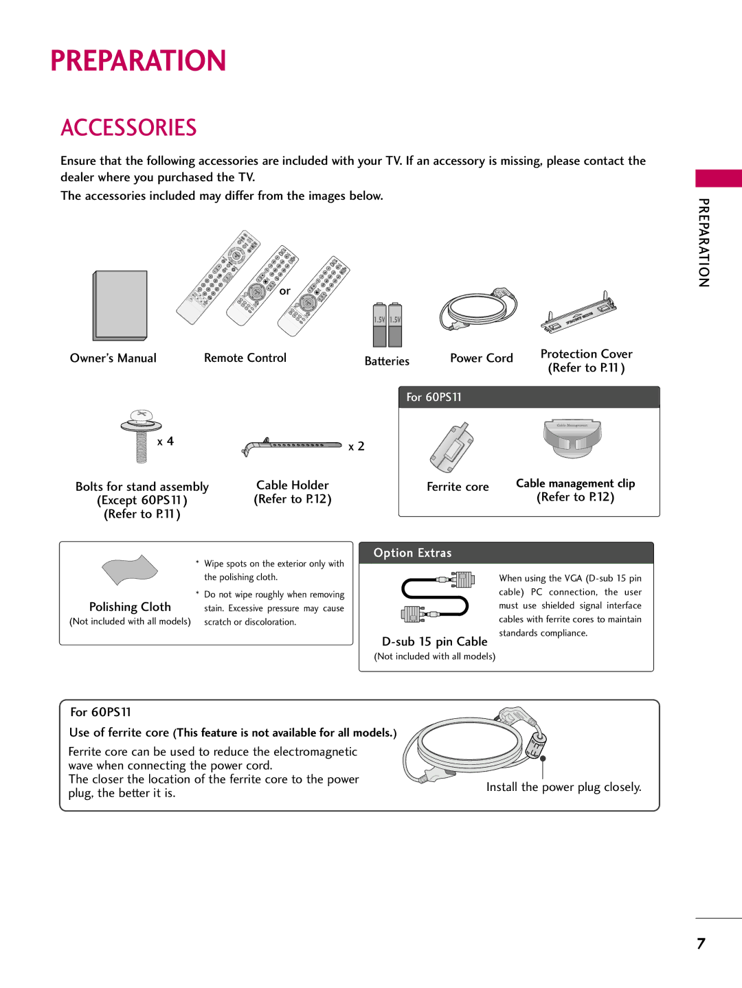 LG Electronics 50PQ12, 42PQ12 owner manual Preparation, Accessories 