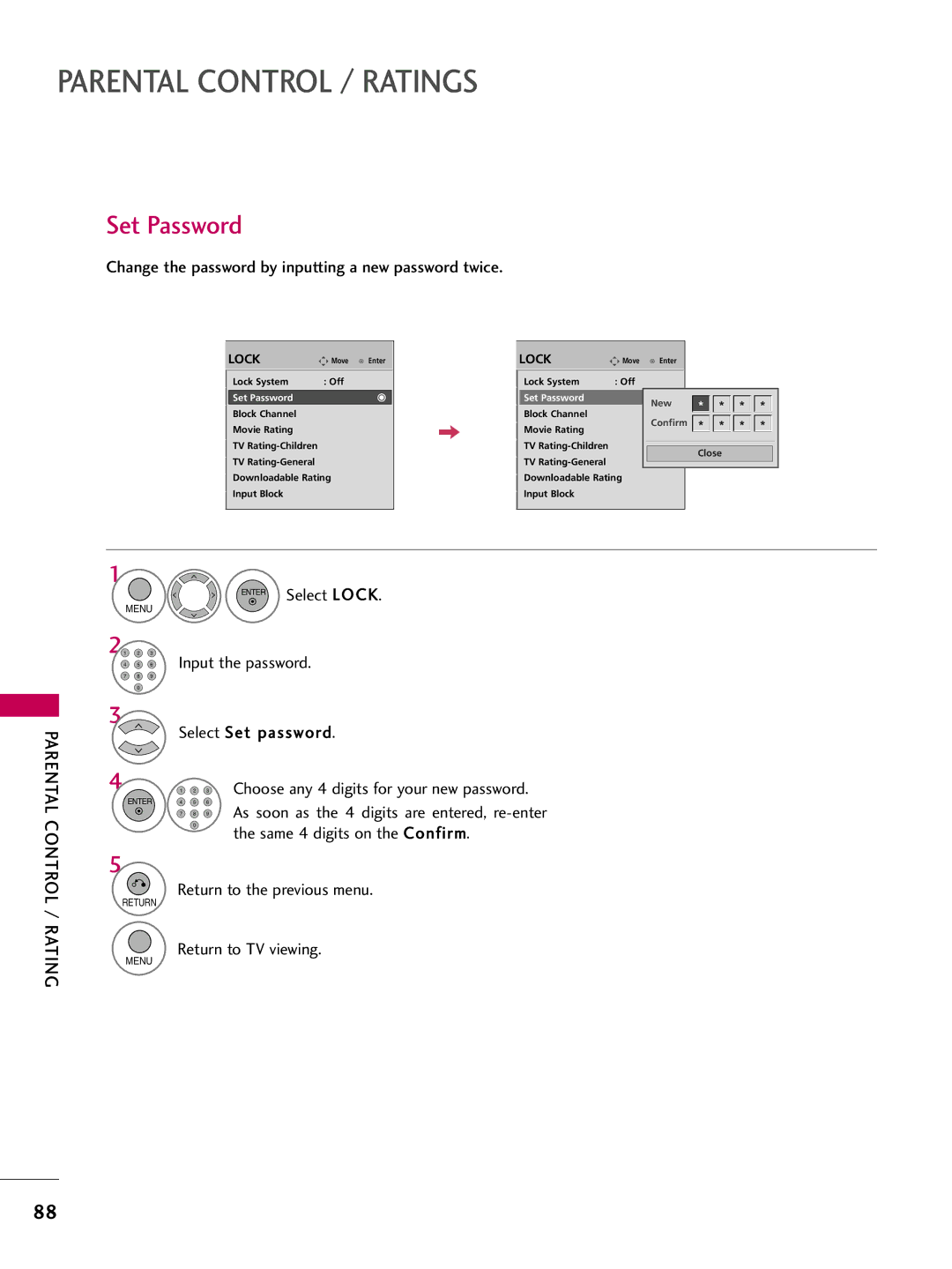 LG Electronics 42PQ12 Set Password, Change the password by inputting a new password twice, Same 4 digits on the Confirm 