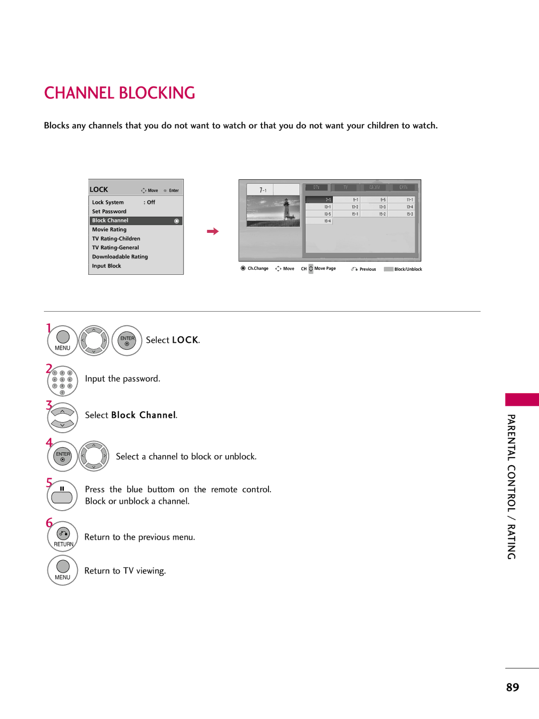 LG Electronics 50PQ12, 42PQ12 owner manual Channel Blocking, Parental Control, Rating 