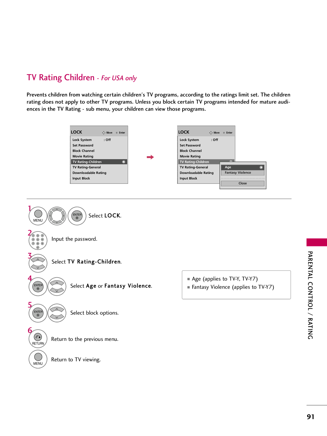 LG Electronics 50PQ12, 42PQ12 TV Rating Children For USA only, Select TV Rating-Children Age applies to TV-Y, TV-Y7 