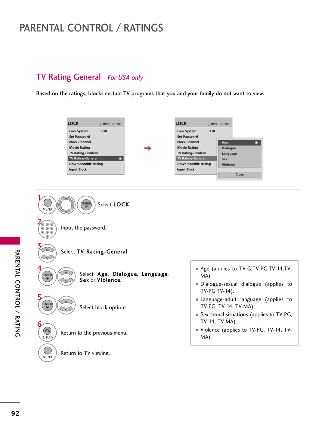 LG Electronics 42PQ12, 50PQ12 owner manual TV Rating General For USA only, TV Rating-General 