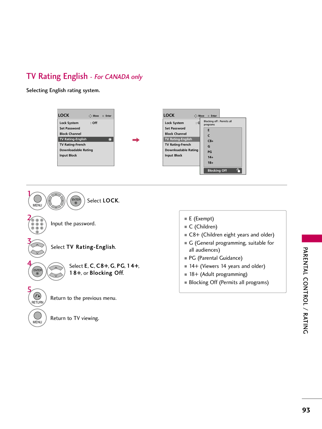 LG Electronics 50PQ12, 42PQ12 TV Rating English For Canada only, Selecting English rating system, Select TV Rating-English 