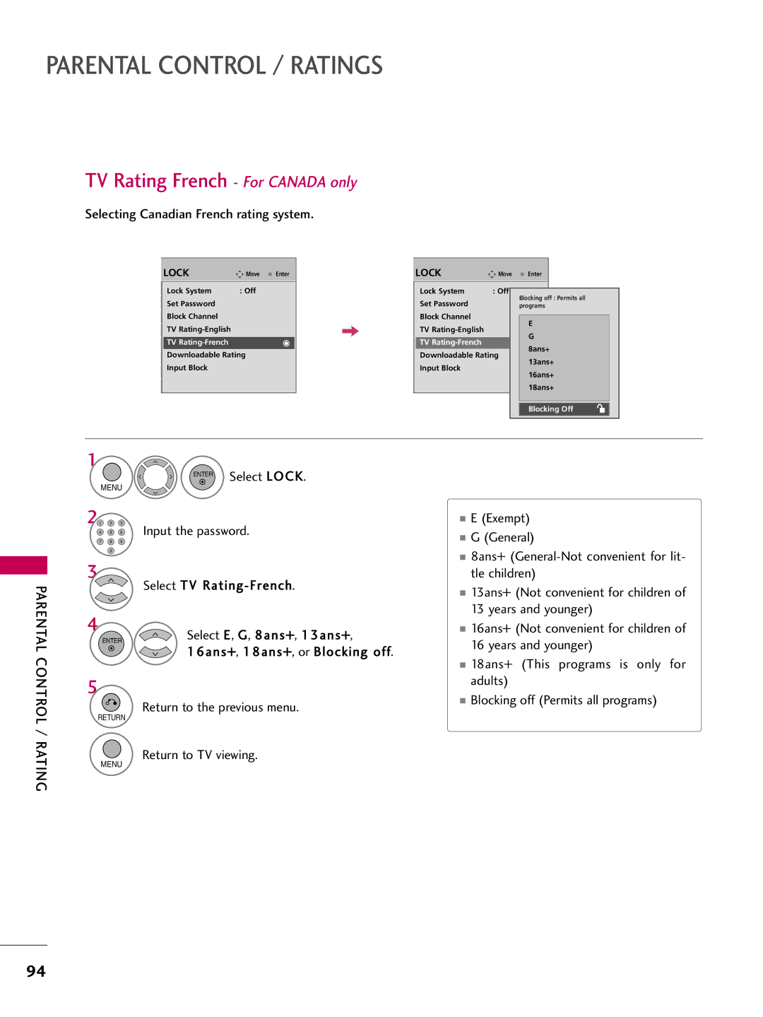 LG Electronics 42PQ12, 50PQ12 owner manual TV Rating French For Canada only, Selecting Canadian French rating system 