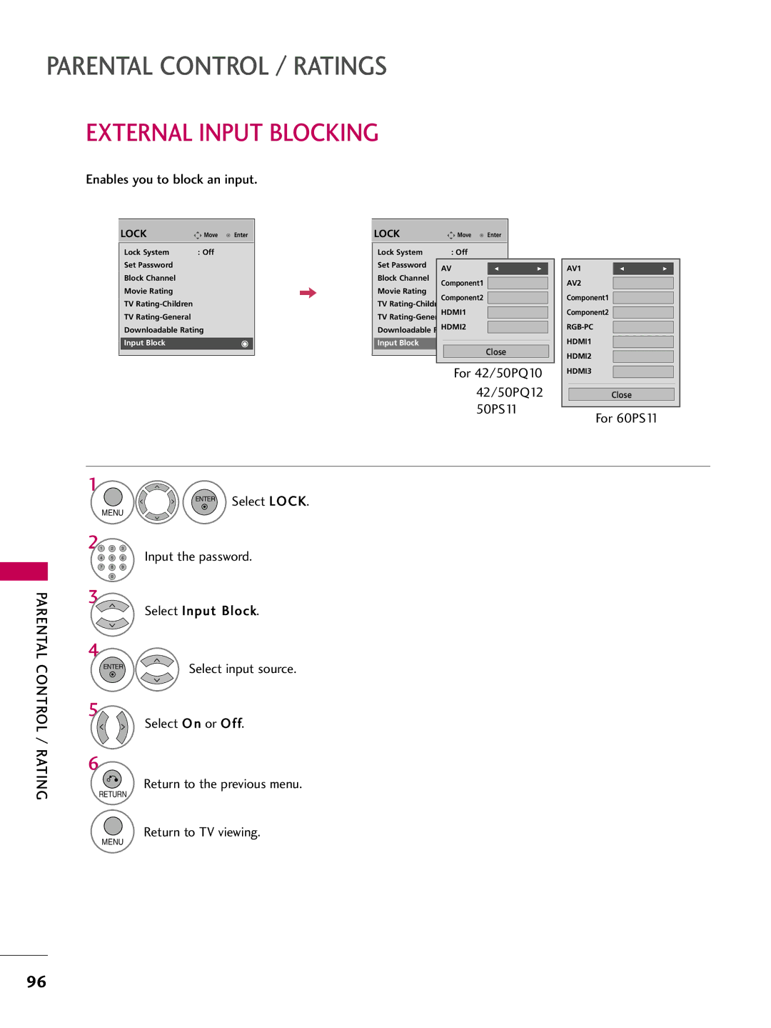 LG Electronics 42PQ12, 50PQ12 owner manual External Input Blocking, Enables you to block an input 