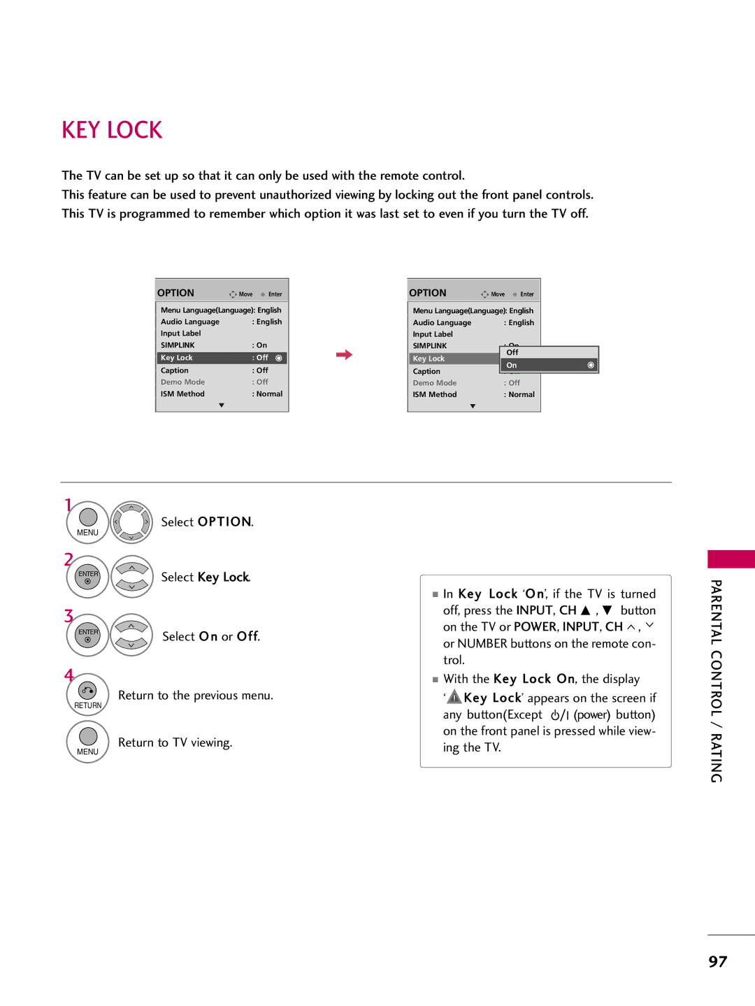 LG Electronics 50PQ12, 42PQ12 owner manual KEY Lock, Select Option 