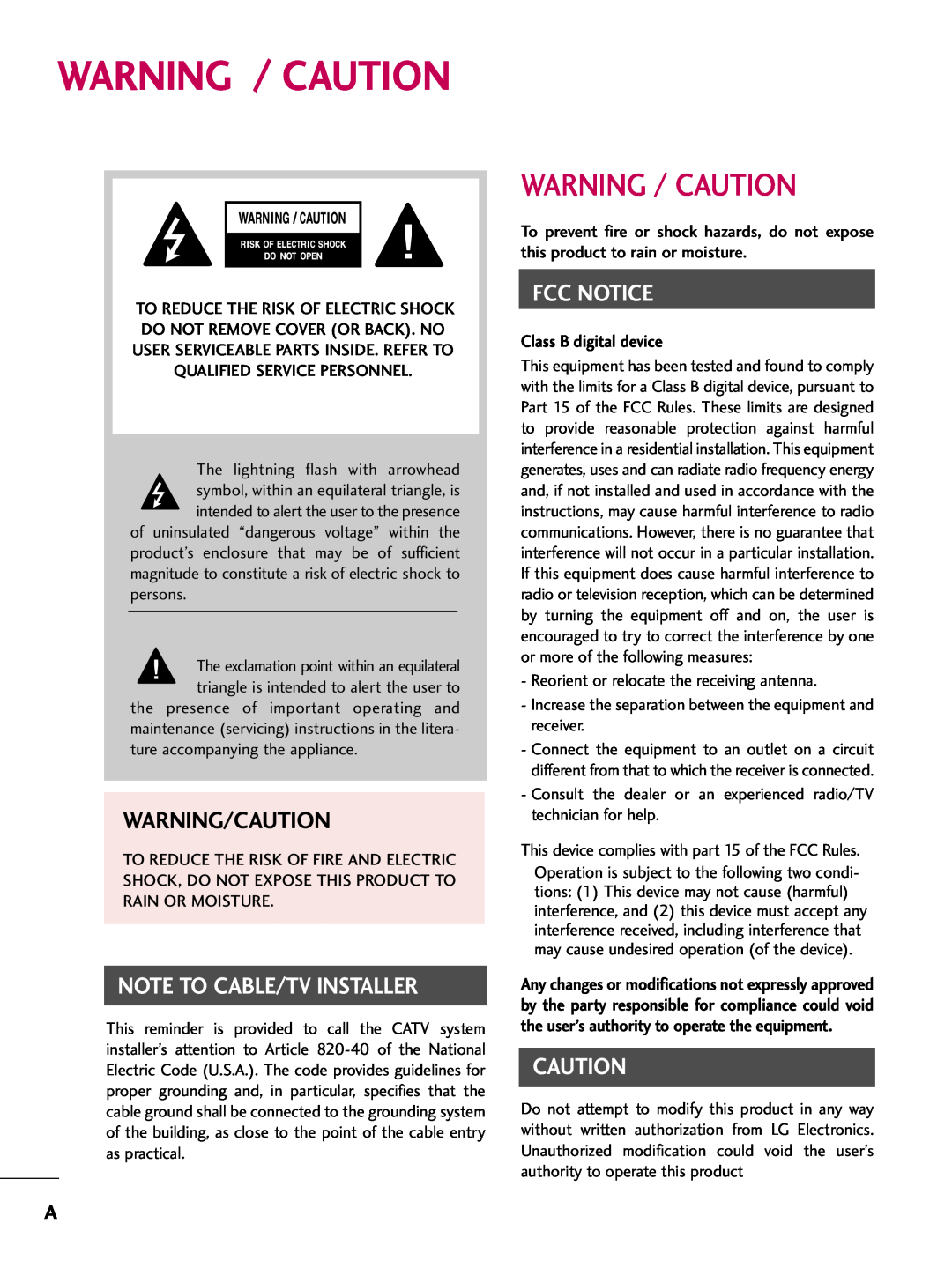 LG Electronics 42PQ12 Warning / Caution, Warning/Caution, Class B digital device, Note To Cable/Tv Installer, Fcc Notice 