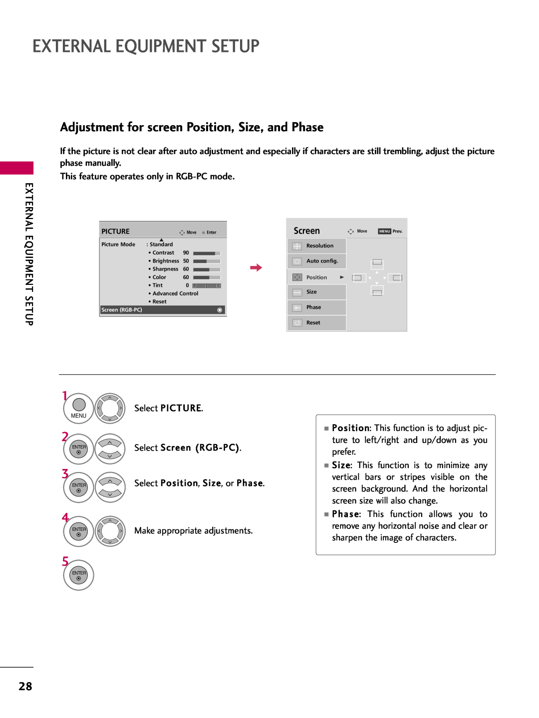 LG Electronics 42PQ12, 50PQ12 Adjustment for screen Position, Size, and Phase, External Equipment Setup, Screen, Menu 