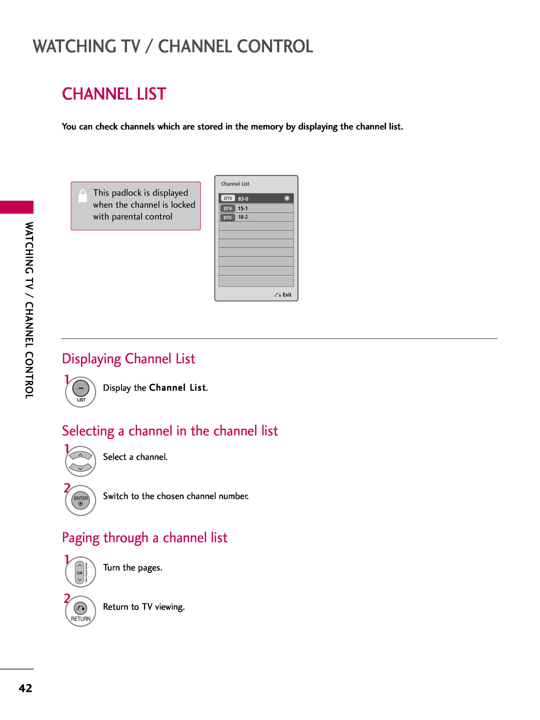 LG Electronics 42PQ12 Displaying Channel List, Selecting a channel in the channel list, Paging through a channel list 