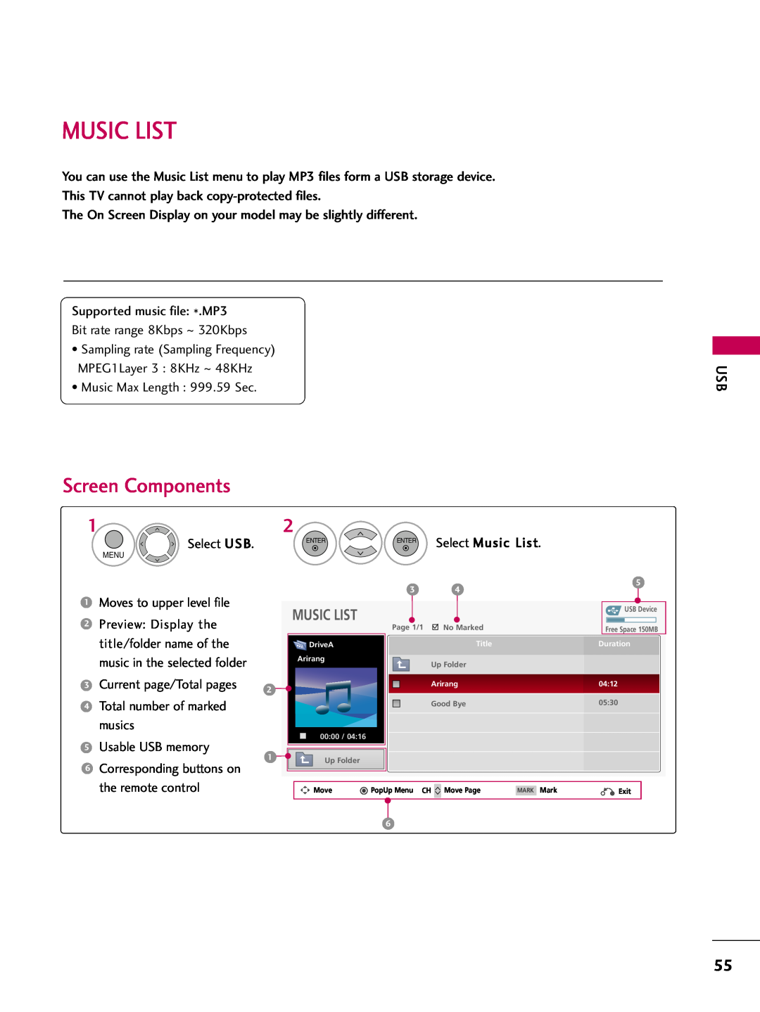LG Electronics 50PQ12, 42PQ12 owner manual Music List, Screen Components 