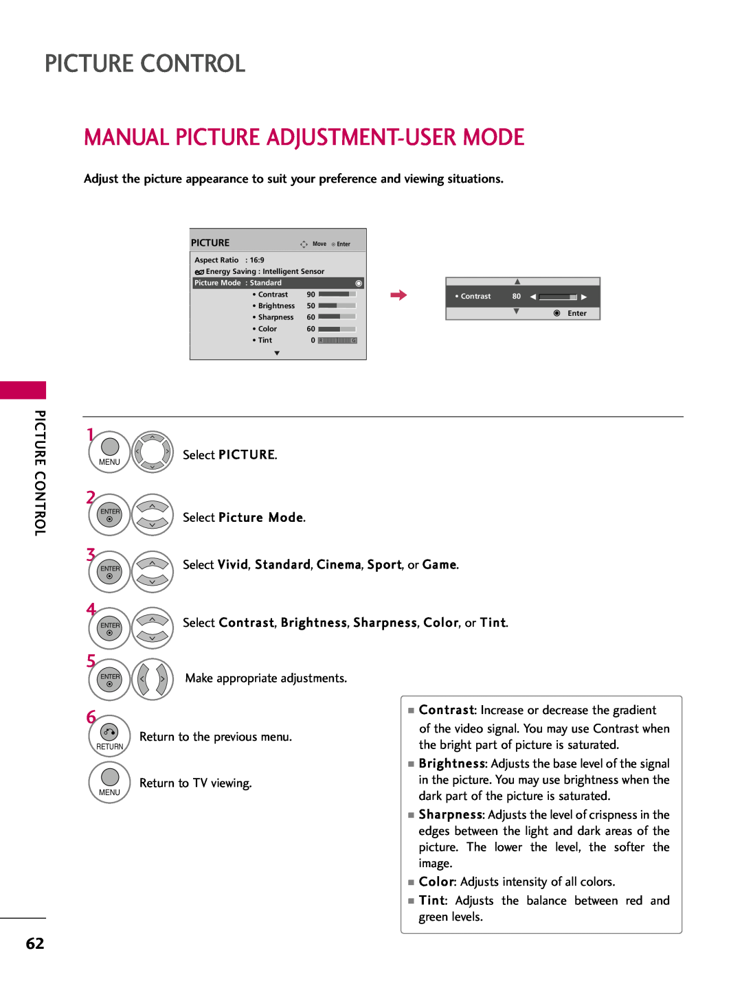 LG Electronics 42PQ12, 50PQ12 Manual Picture Adjustment-User Mode, Picture Control, Make appropriate adjustments 