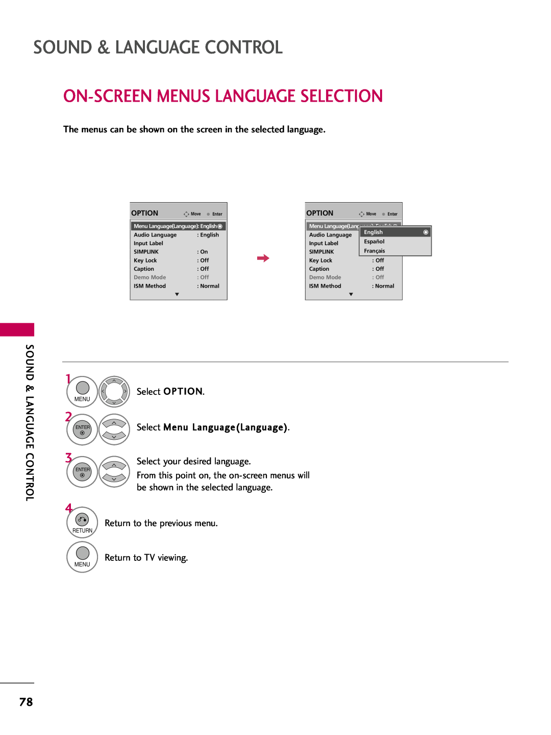 LG Electronics 42PQ12, 50PQ12 owner manual On-Screen Menus Language Selection, Sound & Language Control 