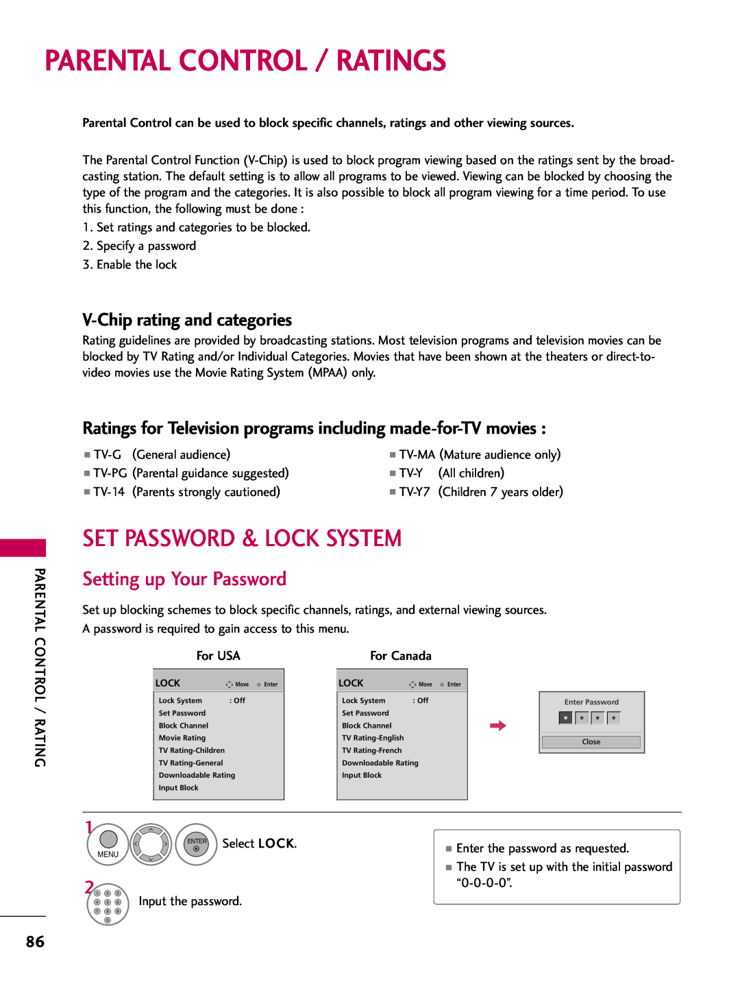 LG Electronics 42PQ12, 50PQ12 owner manual Parental Control / Ratings, Set Password & Lock System, Setting up Your Password 