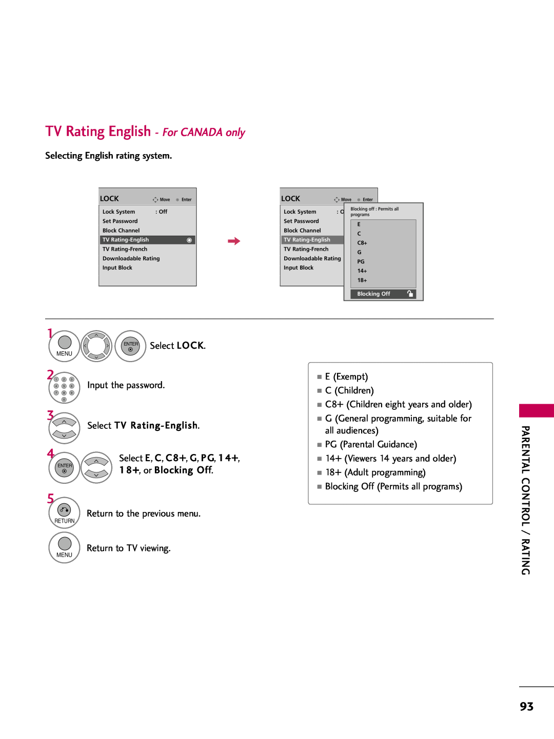 LG Electronics 50PQ12, 42PQ12 owner manual TV Rating English - For CANADA only, Select E, C, C8+, G, PG, 14+ 