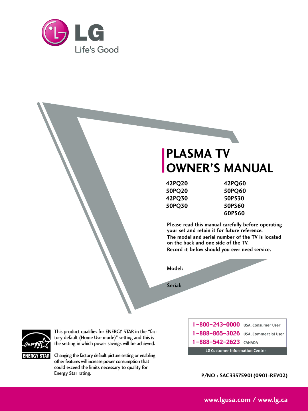 LG Electronics owner manual 42PQ2042PQ60 50PQ2050PQ60 42PQ3050PS30 50PQ3050PS60 60PS60 