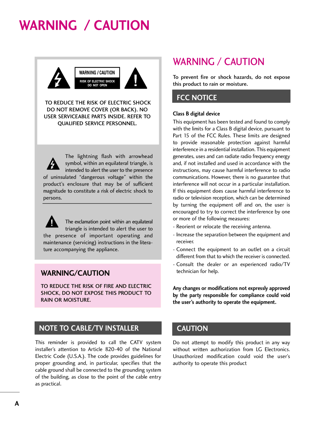 LG Electronics 42PQ60, 42PQ30, 42PQ20, 50PS60, 50PS30, 50PQ20, 50PQ30, 50PQ60, 60PS60 owner manual FCC Notice 