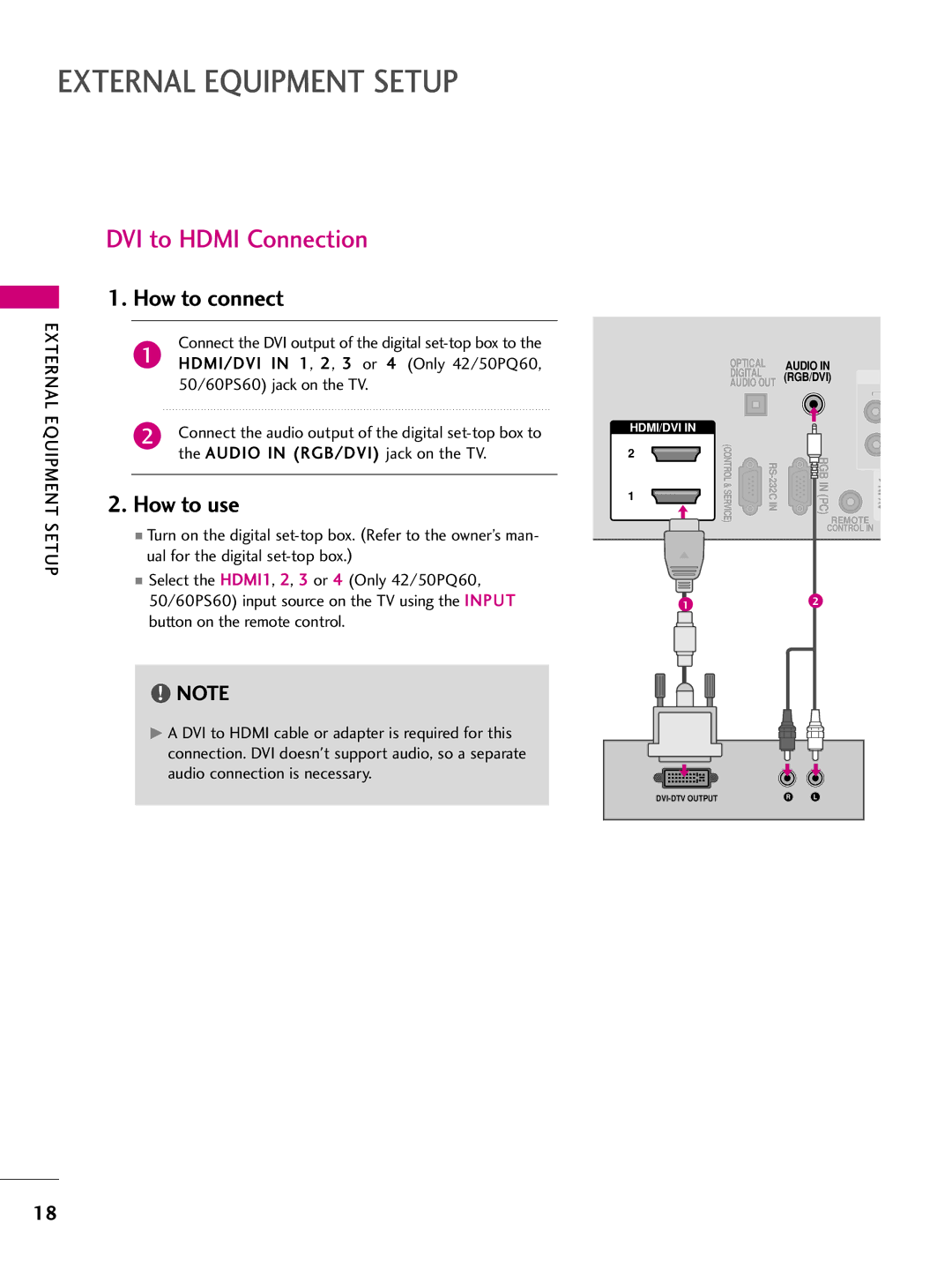 LG Electronics 42PQ60, 42PQ30, 42PQ20, 50PS60, 50PS30, 50PQ20, 50PQ30, 50PQ60 External Equipment Setup, DVI to Hdmi Connection 