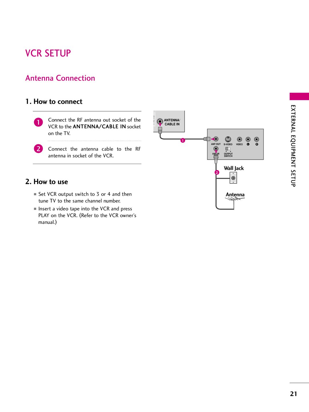 LG Electronics 50PQ20, 42PQ30, 42PQ20, 42PQ60, 50PS60, 50PS30, 50PQ30, 50PQ60, 60PS60 owner manual VCR Setup, Antenna Connection 