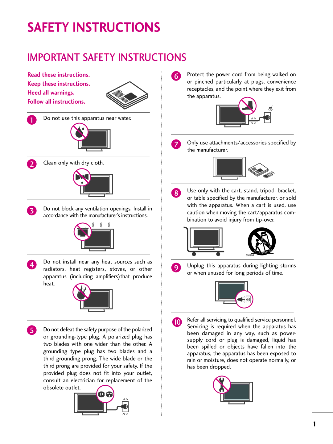 LG Electronics 50PS60, 42PQ30, 42PQ20, 42PQ60, 50PS30, 50PQ20, 50PQ30, 50PQ60, 60PS60 Important Safety Instructions 