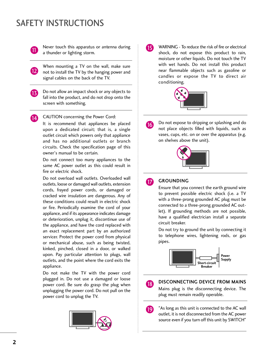 LG Electronics 50PS30 Safety Instructions, Thunder or lighting storm, Signal cables on the back of the TV, Grounding 