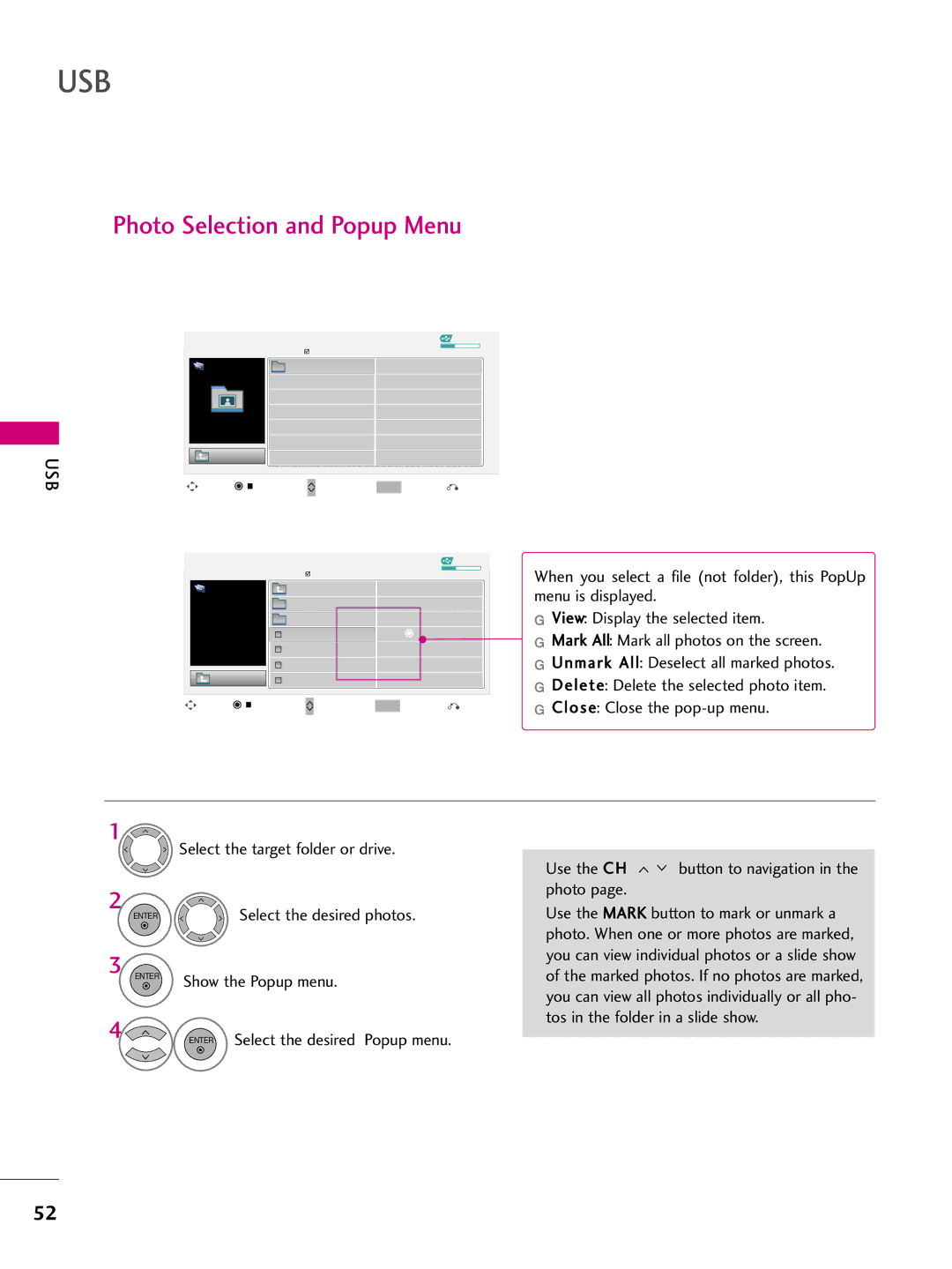 LG Electronics 42PQ30, 42PQ20, 42PQ60 Usb, Photo Selection and Popup Menu, Select the desired photos, Show the Popup menu 