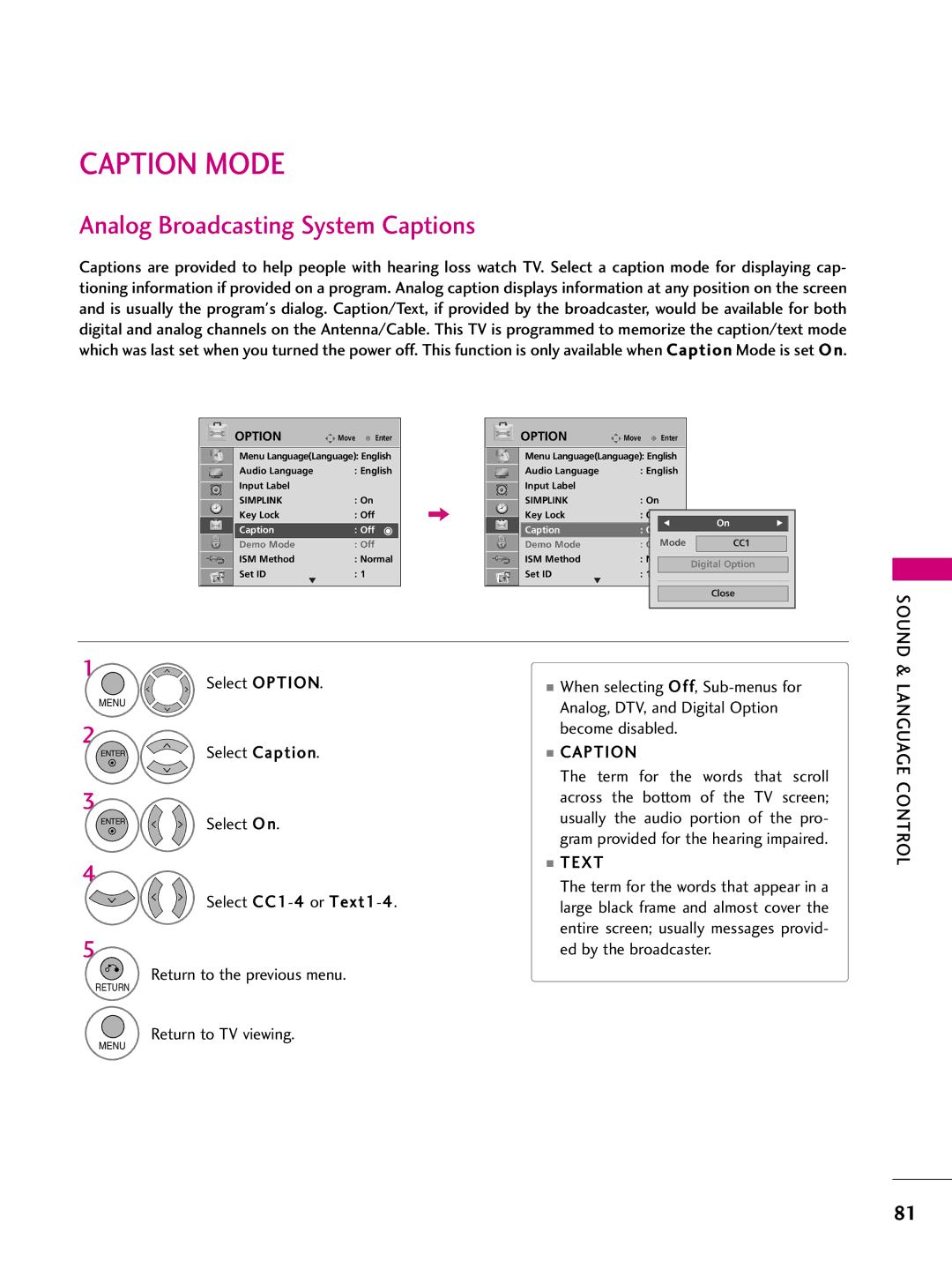 LG Electronics 42PQ60, 42PQ30, 42PQ20, 50PS60, 50PS30, 50PQ20, 50PQ30 Caption Mode, Analog Broadcasting System Captions, Text 