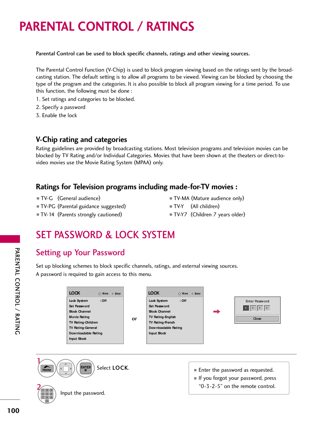 LG Electronics 42PT200 SET Password & Lock System, Setting up Your Password, Chip rating and categories, Parental 