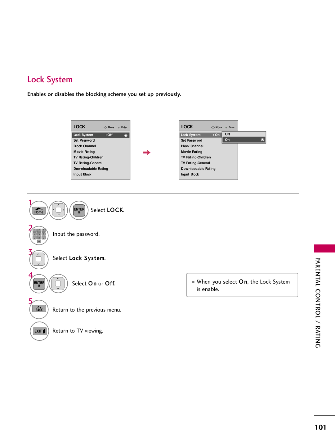 LG Electronics 42PT200 Select Lock Input the password Select Lock System, Is enable, Parental Control / Rating 