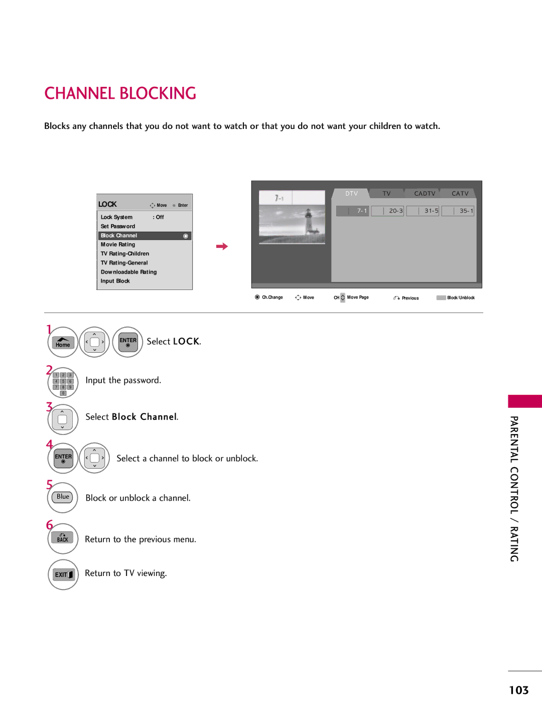 LG Electronics 42PT200 owner manual Channel Blocking, Block Channel 