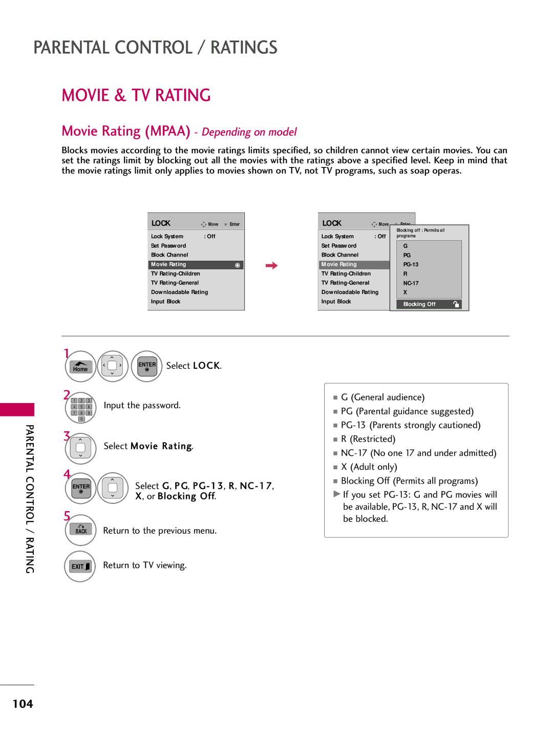 LG Electronics 42PT200 owner manual Movie & TV Rating, Movie Rating Mpaa Depending on model, Or Blocking Off 