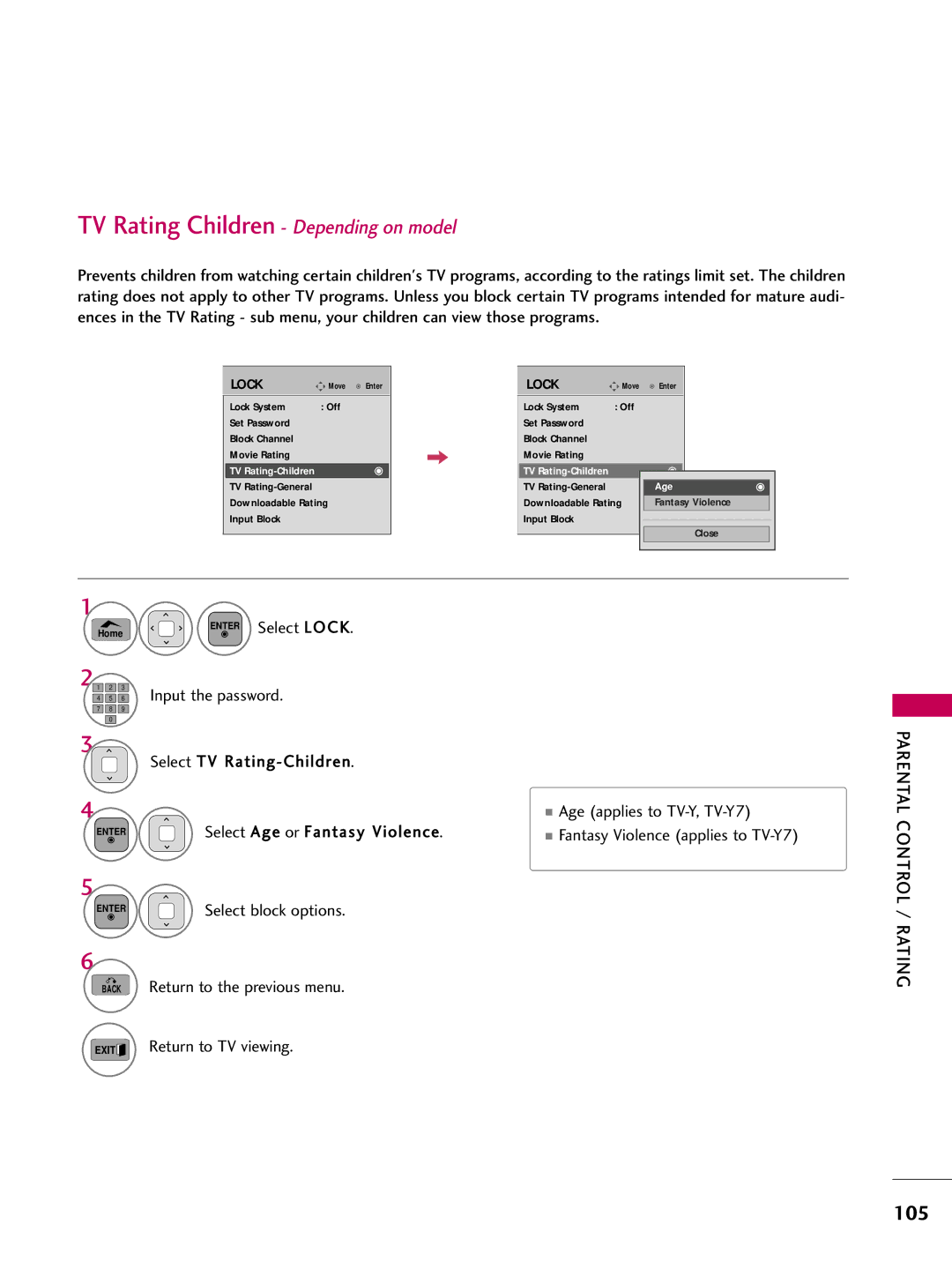 LG Electronics 42PT200 TV Rating Children Depending on model, Select TV Rating-Children Age applies to TV-Y, TV-Y7 